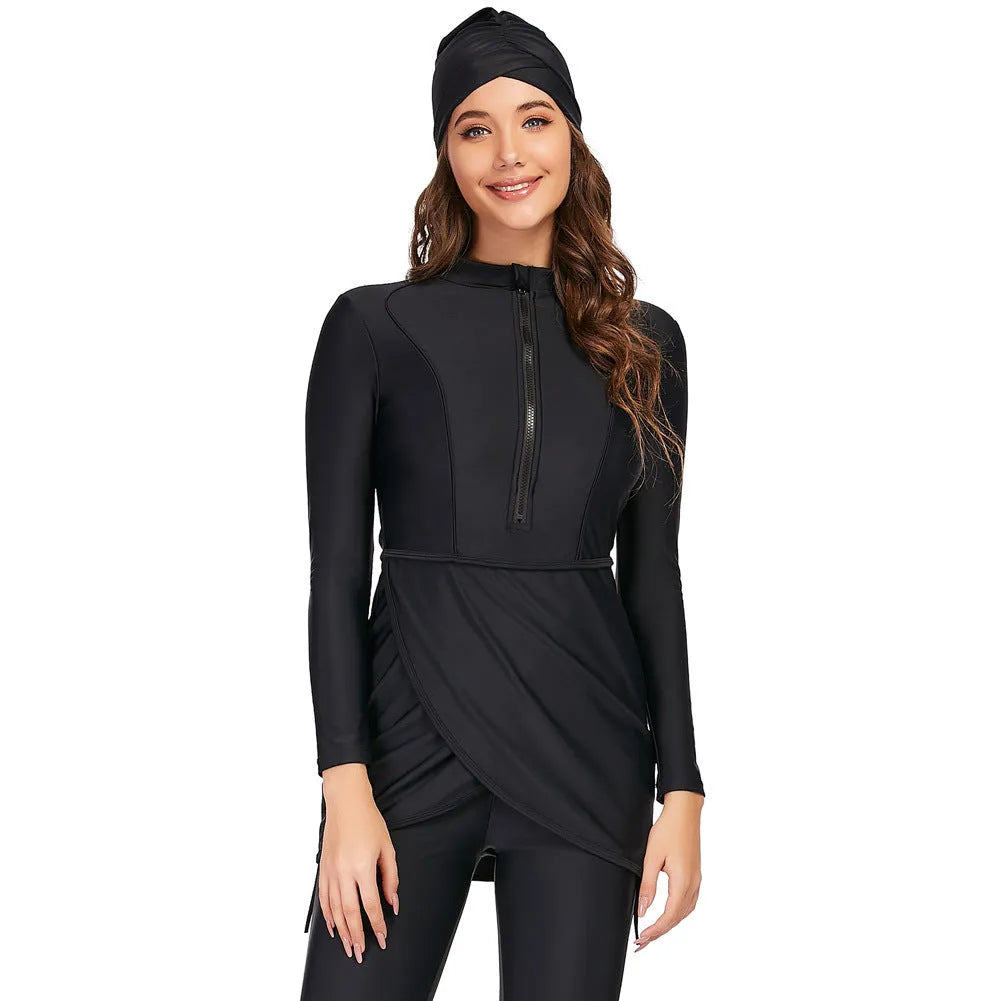 Black conservative full coverage swimsuit for Muslim ladies on a hanger