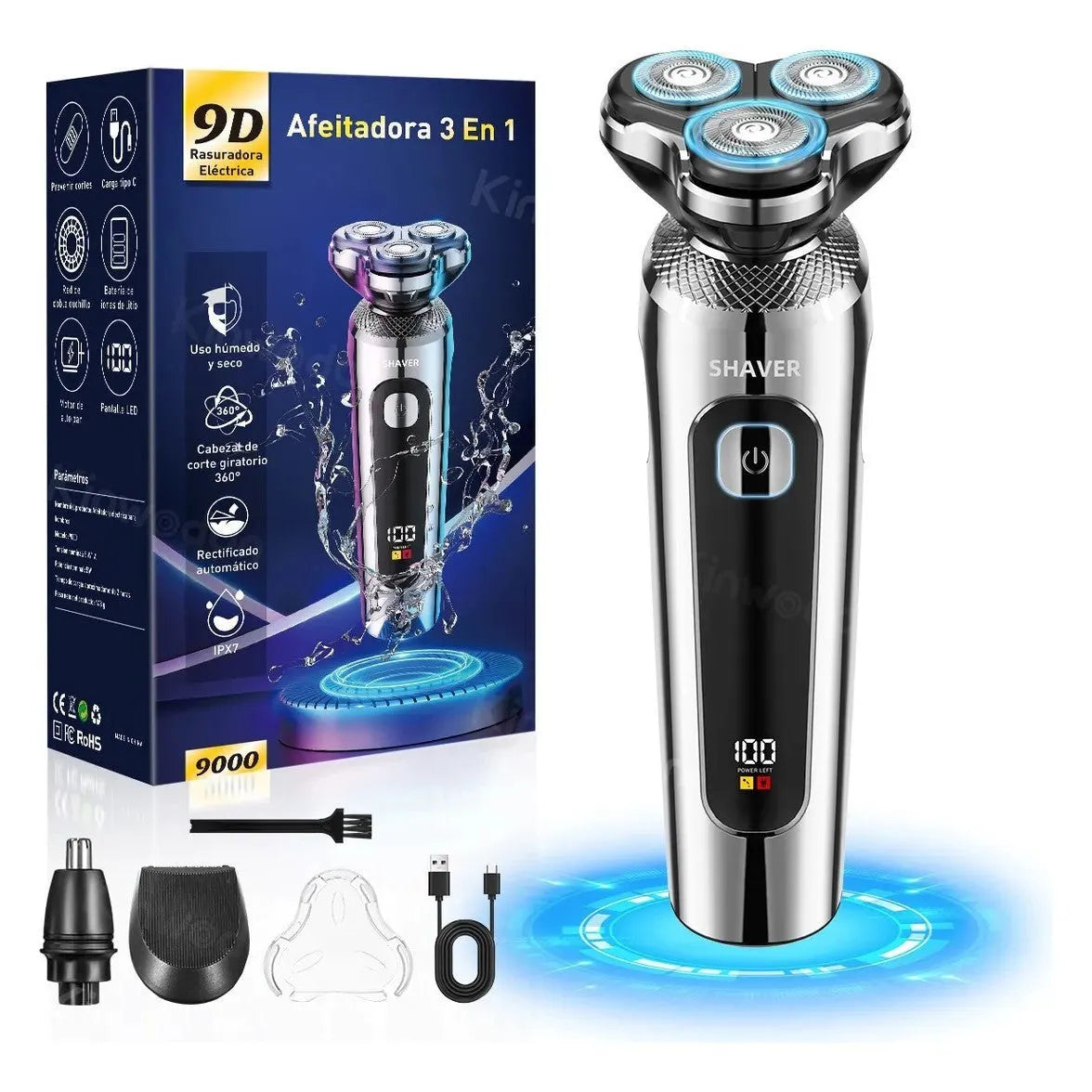 USB rechargeable beard trimmer with digital LED display on a black and silver five-in-one base bracket.
