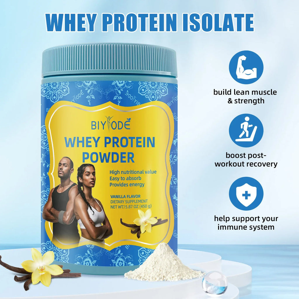 Bottle of Jiabeikang whey protein powder supplement 450g with custom label