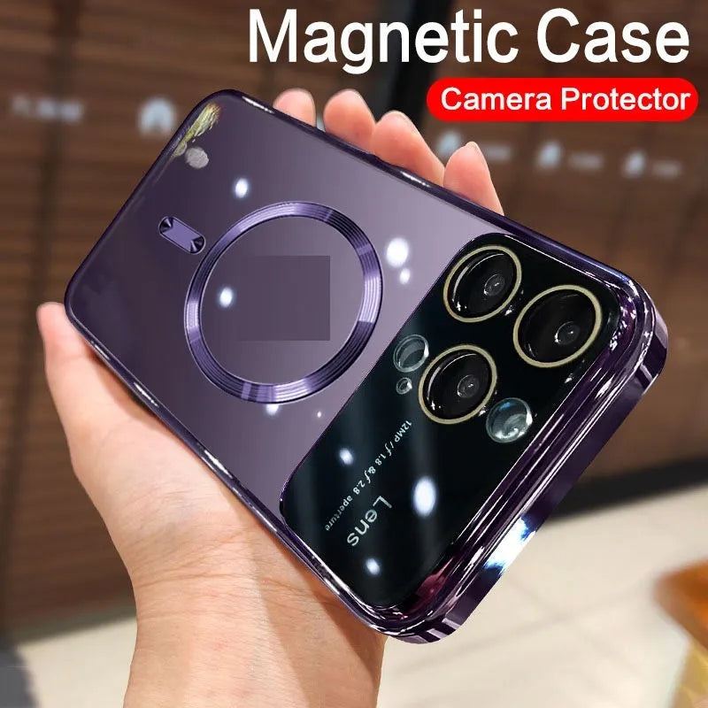 Electroplated TPU phone case with large window and magnetic suction, dark purple colour, for iPhone 14 Pro Max