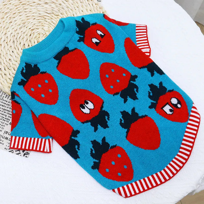 Cartoon print wool dog sweater for small medium dogs in rabbit, pig, strawberry and floral designs.