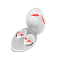 Creative Outer T8 Starman alien-shaped Bluetooth earbuds with LED lights next to their wireless charging case.