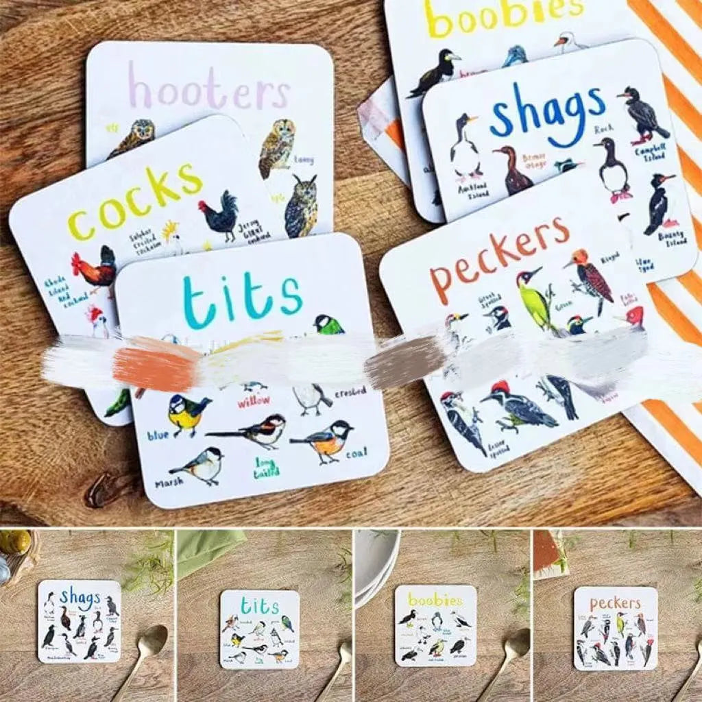 Set of six square bird pun coasters with different bird chart illustrations on white background
