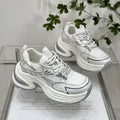 Vintage genuine leather platform dad shoes for women, low top flat heel round toe, silver colour, front lace-up
