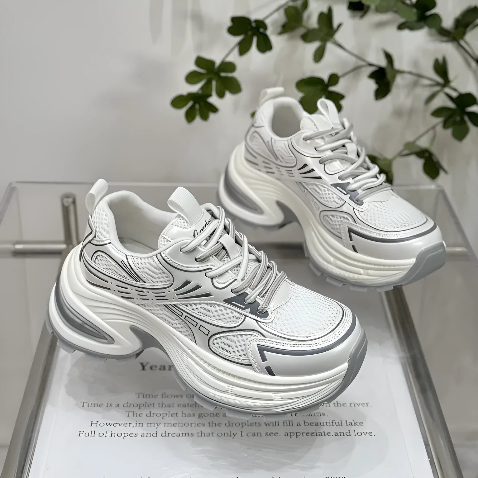 Vintage genuine leather platform dad shoes for women, low top flat heel round toe, silver colour, front lace-up