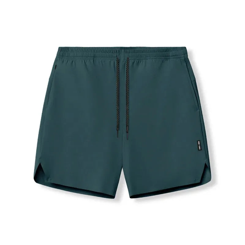 Men's grey seamless polyester sports shorts with elastic waist, shown front and back.