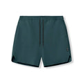 Men's grey seamless polyester sports shorts with elastic waist, shown front and back.