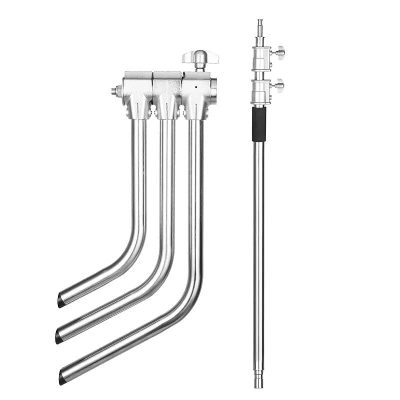 Silver stainless steel light stand with C-frame tripod base for photography and video lighting