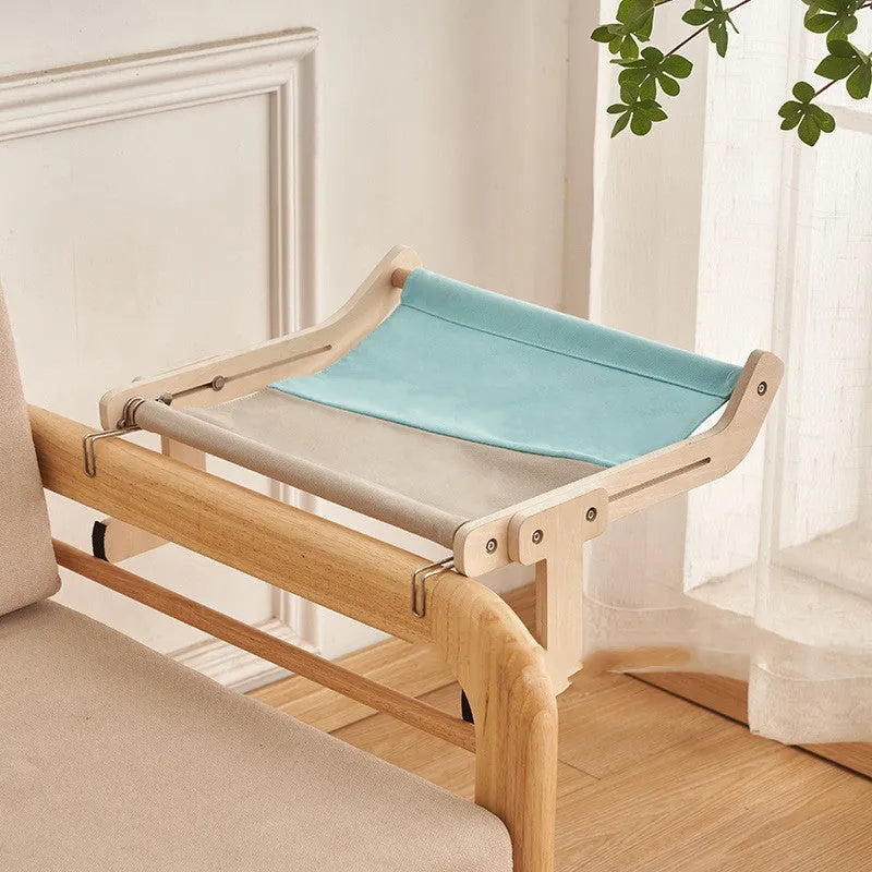 Cat hanging bed with wooden frame in grey powder colour, size 470x395x215mm