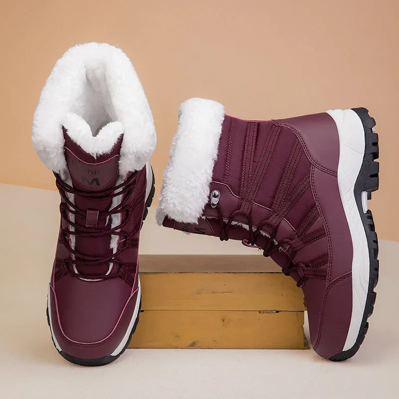 Women's winter fleece-lined cotton-padded non-slip outdoor mid-boots in black with TPR sole