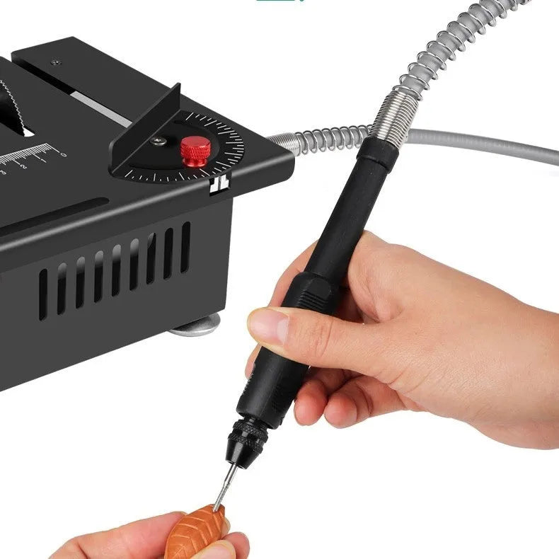 Lithium ion micro desktop cordless saw with metal body and set of five angle attachments