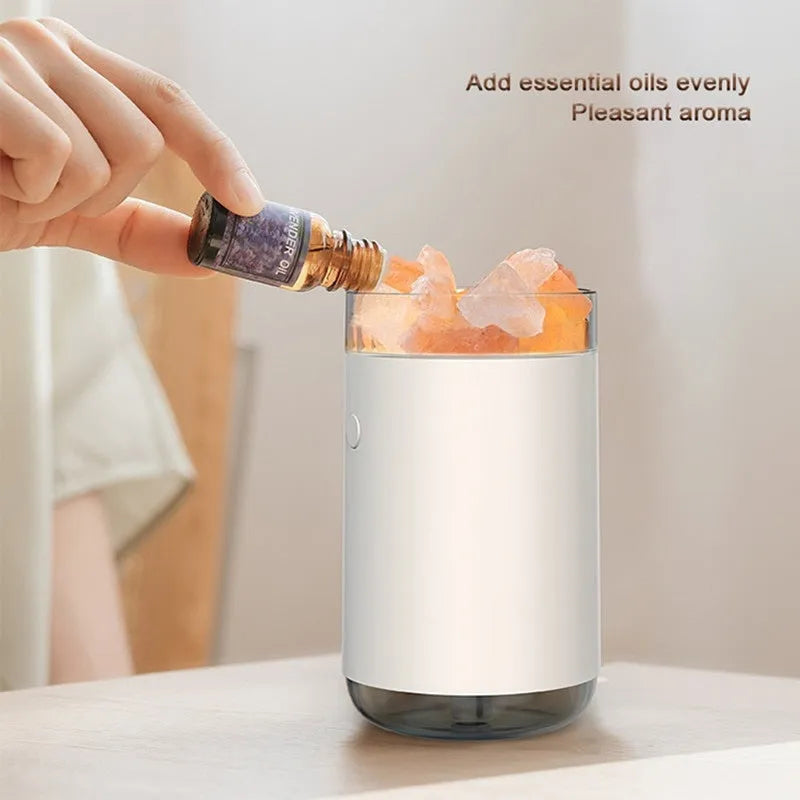 Desktop crystal salt stone ultrasonic essential oil diffuser with colour LED lamp, USB cable, and blue, pink, white options