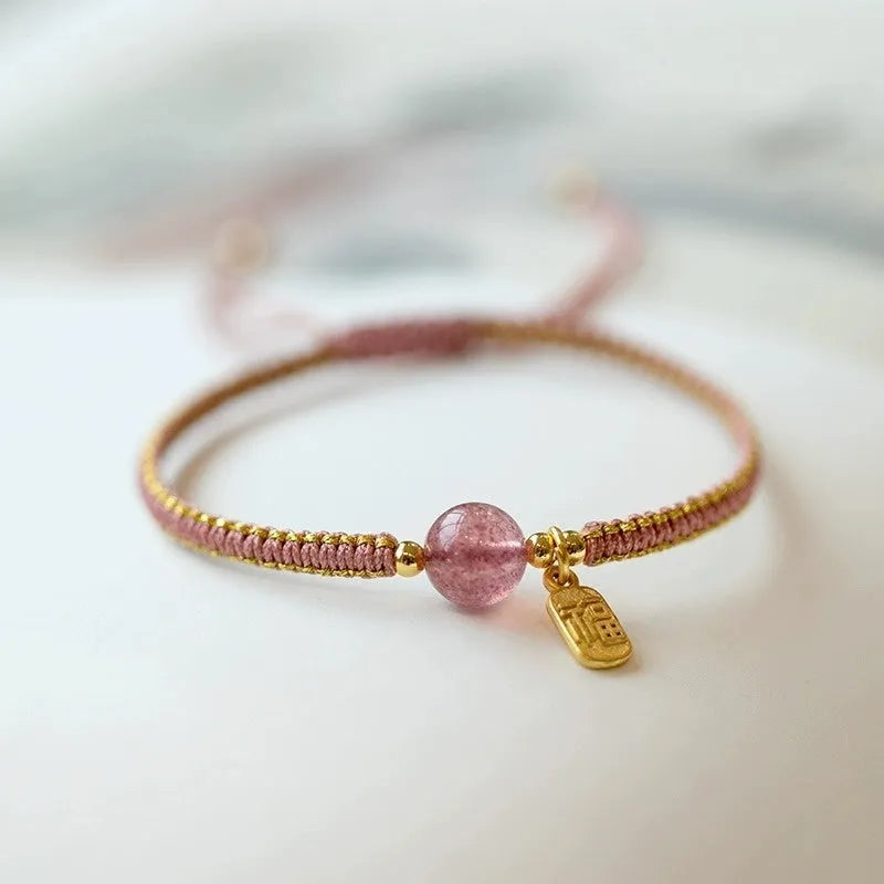 Adjustable red rope bracelet with natural stone beads in national Chinese style