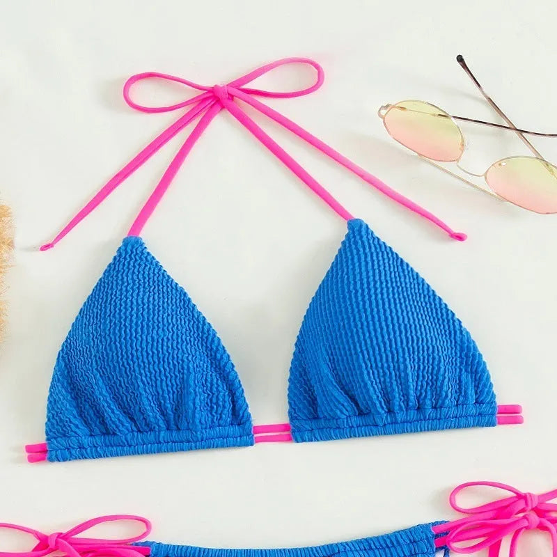Women's lace-up swimsuit bikini set in solid colour nylon fabric for swimming