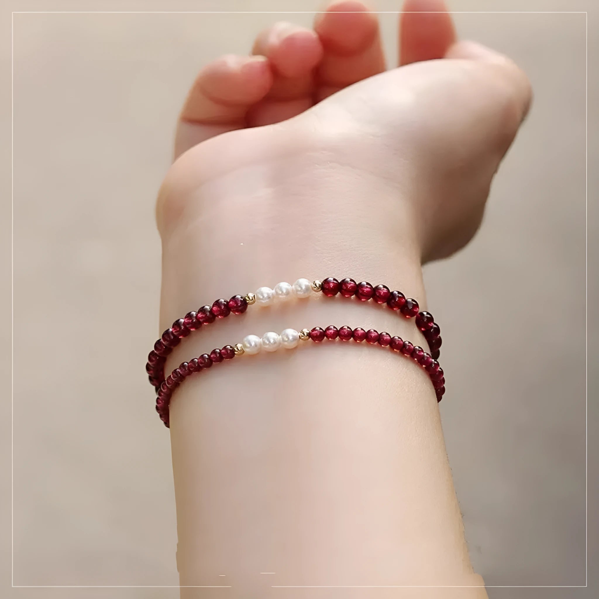 Women's crystal garnet bracelet with artificial pearl beads in 3mm or 4mm sizing options