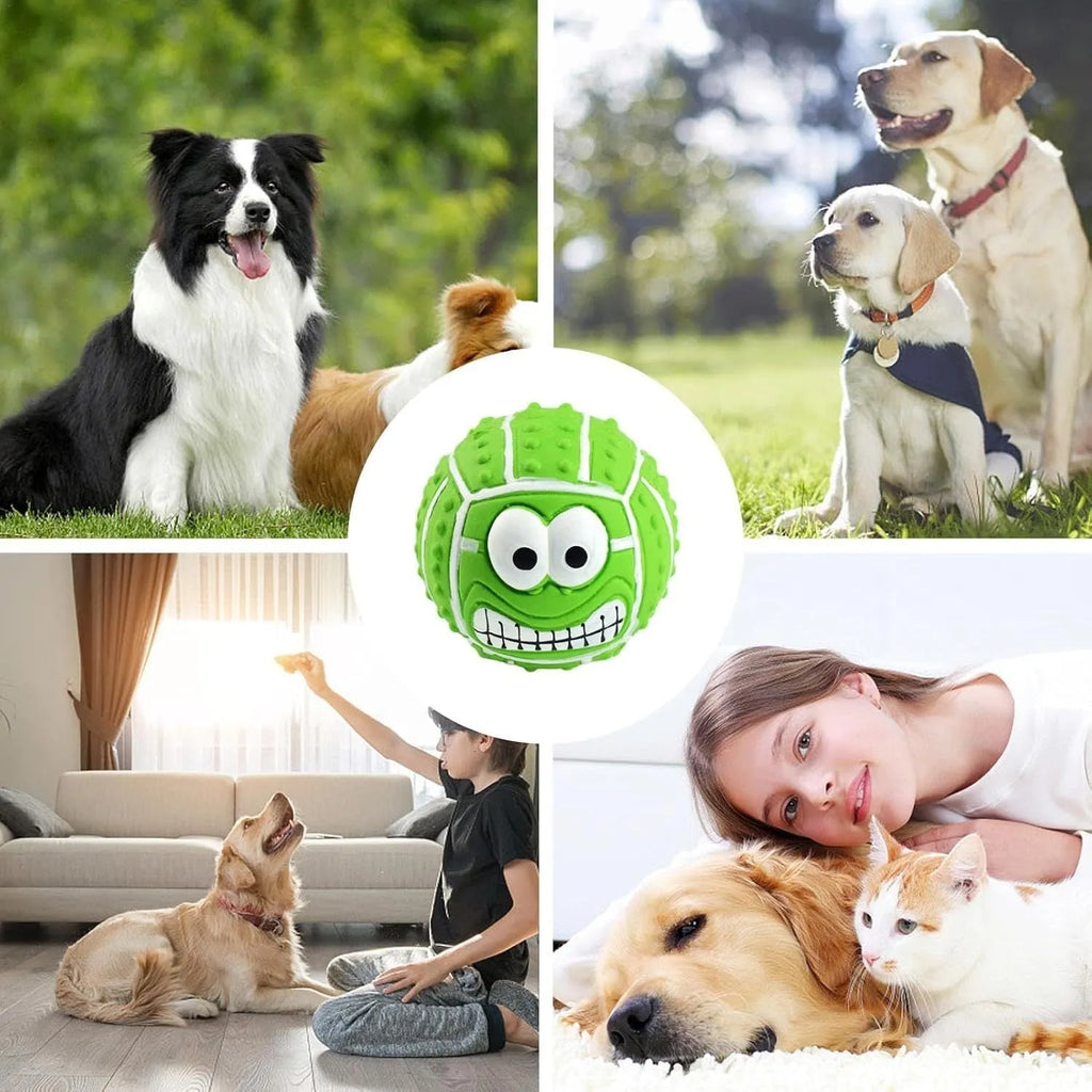 Green latex dog ball with smile face design showing squeaky chew toy