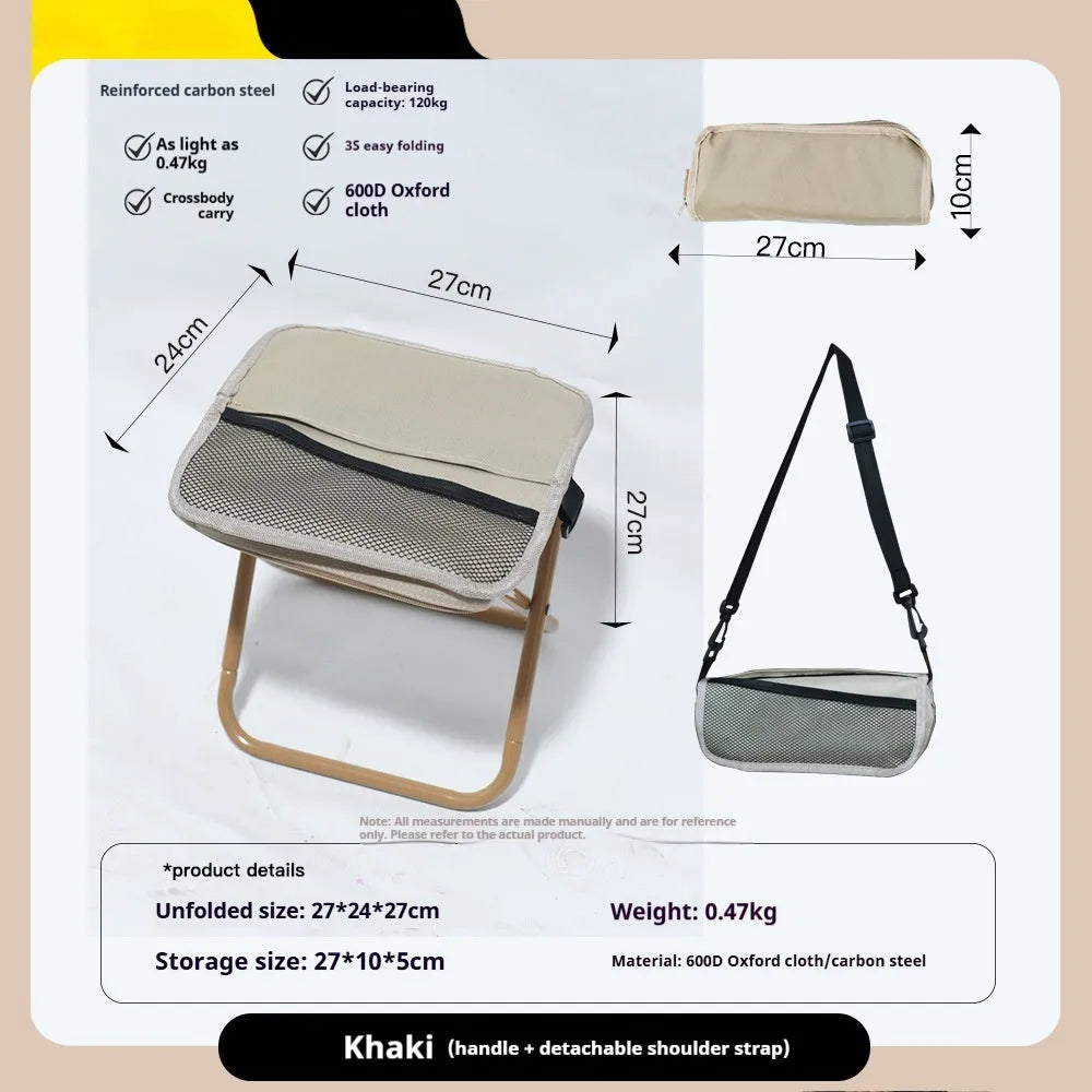 Lightweight foldable camp stool in Oxford cloth, shown in khaki colour, folded and unfolded.