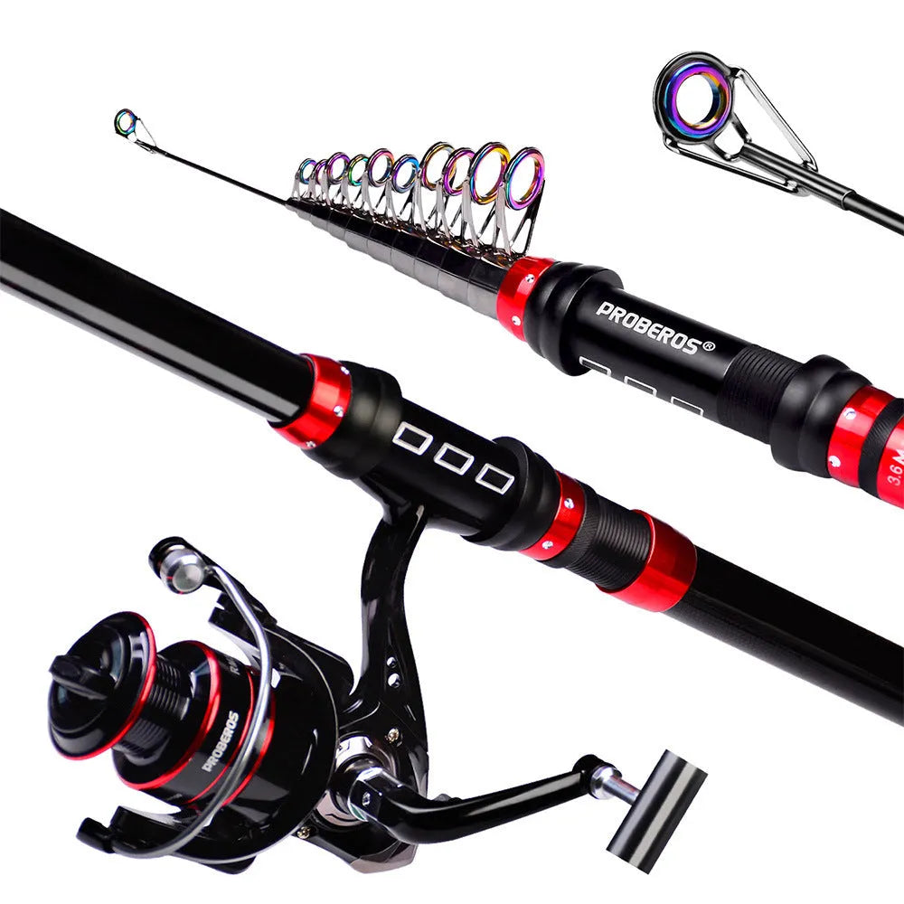 Long cast fishing rod reel and lure combination set with red colour and storage bag