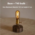 Retro table lamp with glass shade on wooden base, showing USB charging port and choice of LED bulb shapes.