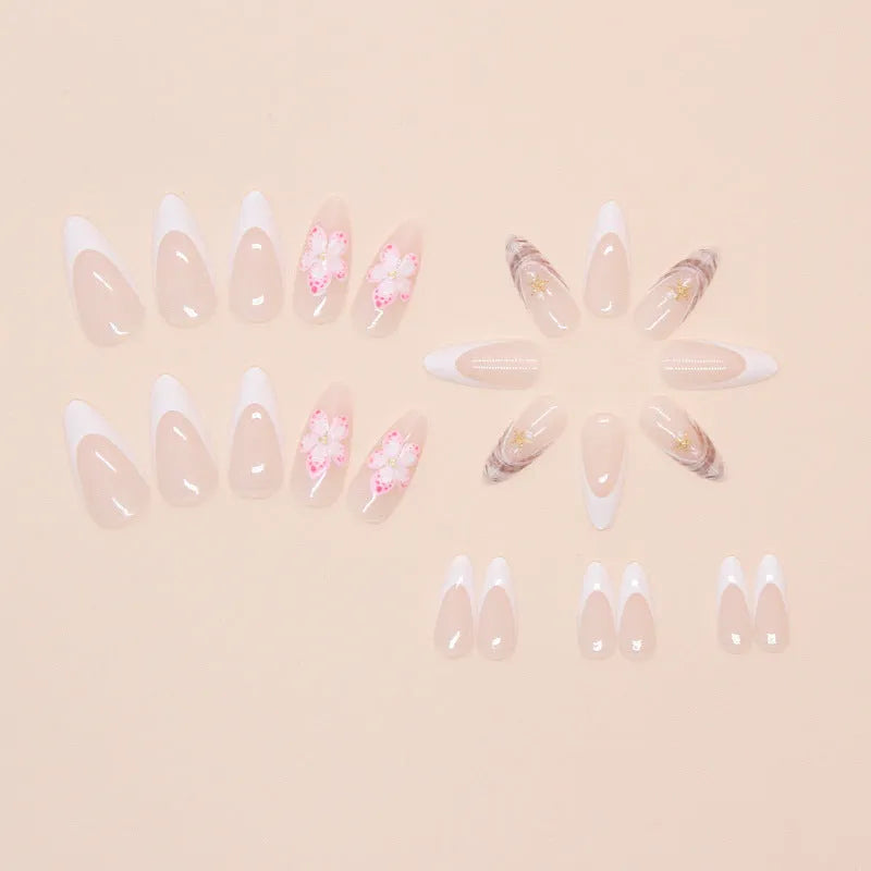 French style fake nails with removable rock pattern patch showing simple flower design W1764