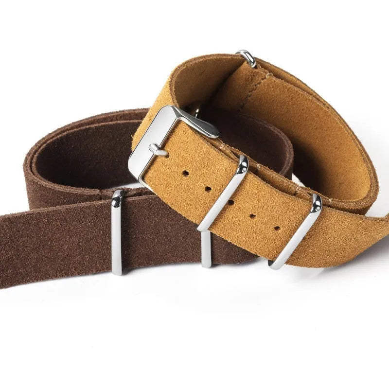 Genuine leather watch strap with velvet finish in brown, 20mm width, retro artistic style on display