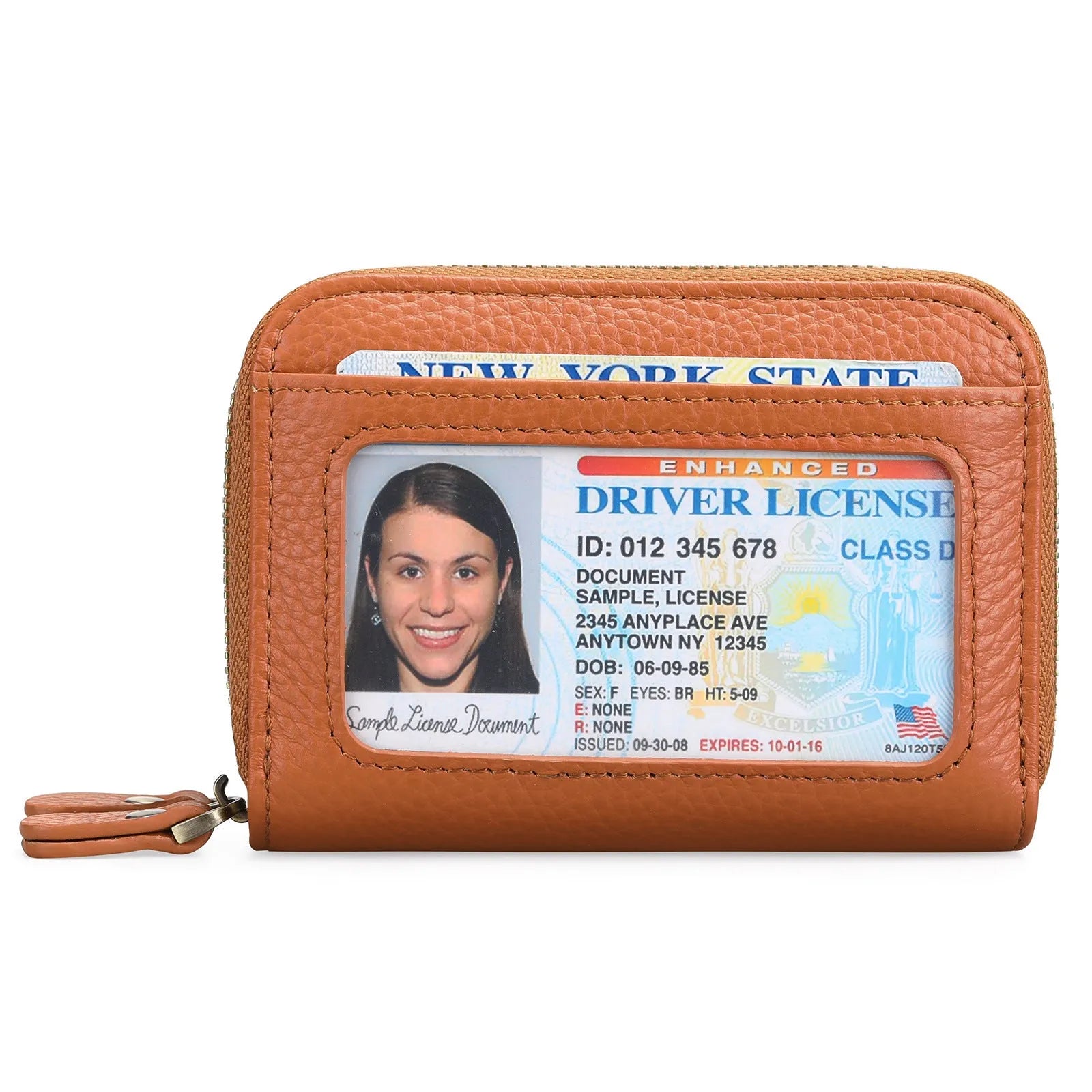 Genuine cowhide leather double layer card holder with zipper, shown in red colour with gift box.