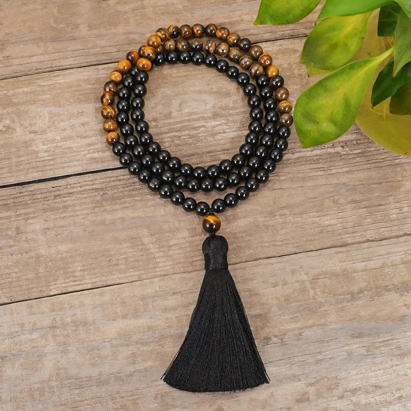 Vintage style tiger eye stone necklace with tassel pendant on ball bead chain