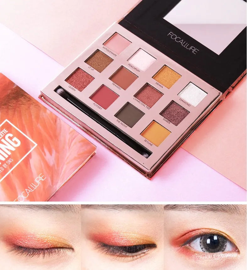 Focallure Shining Eyeshadow 12 Colors Palette with twelve powder eye shadow shades in a compact case