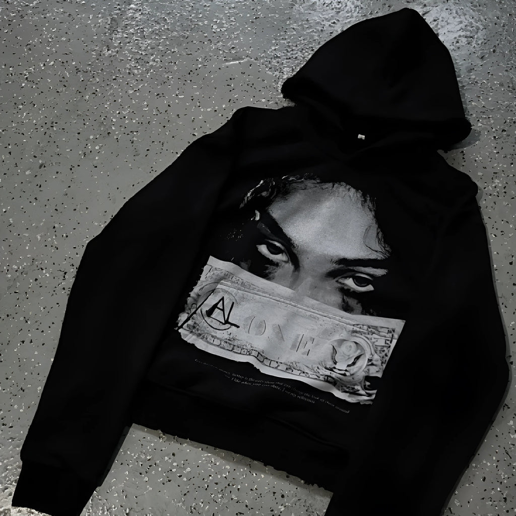 Black women's hoodie with dark cartoon print in loose polyester fabric