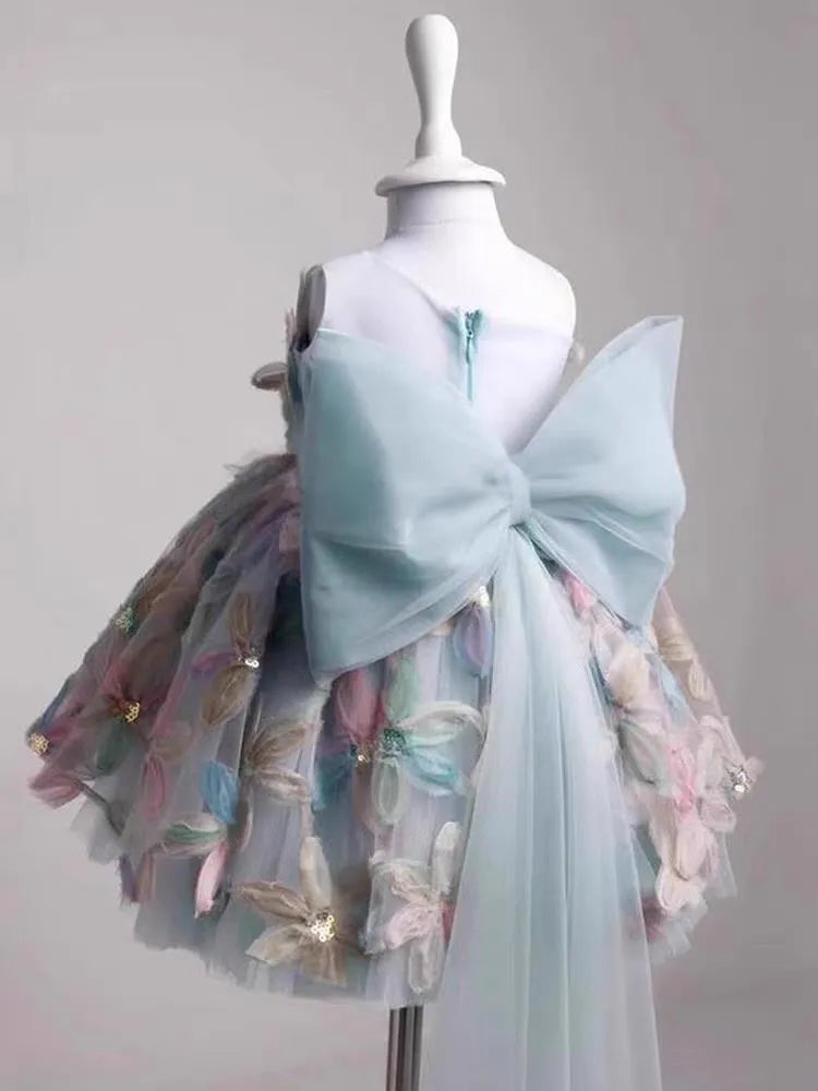Children's light luxury princess dress with asymmetric shoulder in blue, for heights 80-130cm