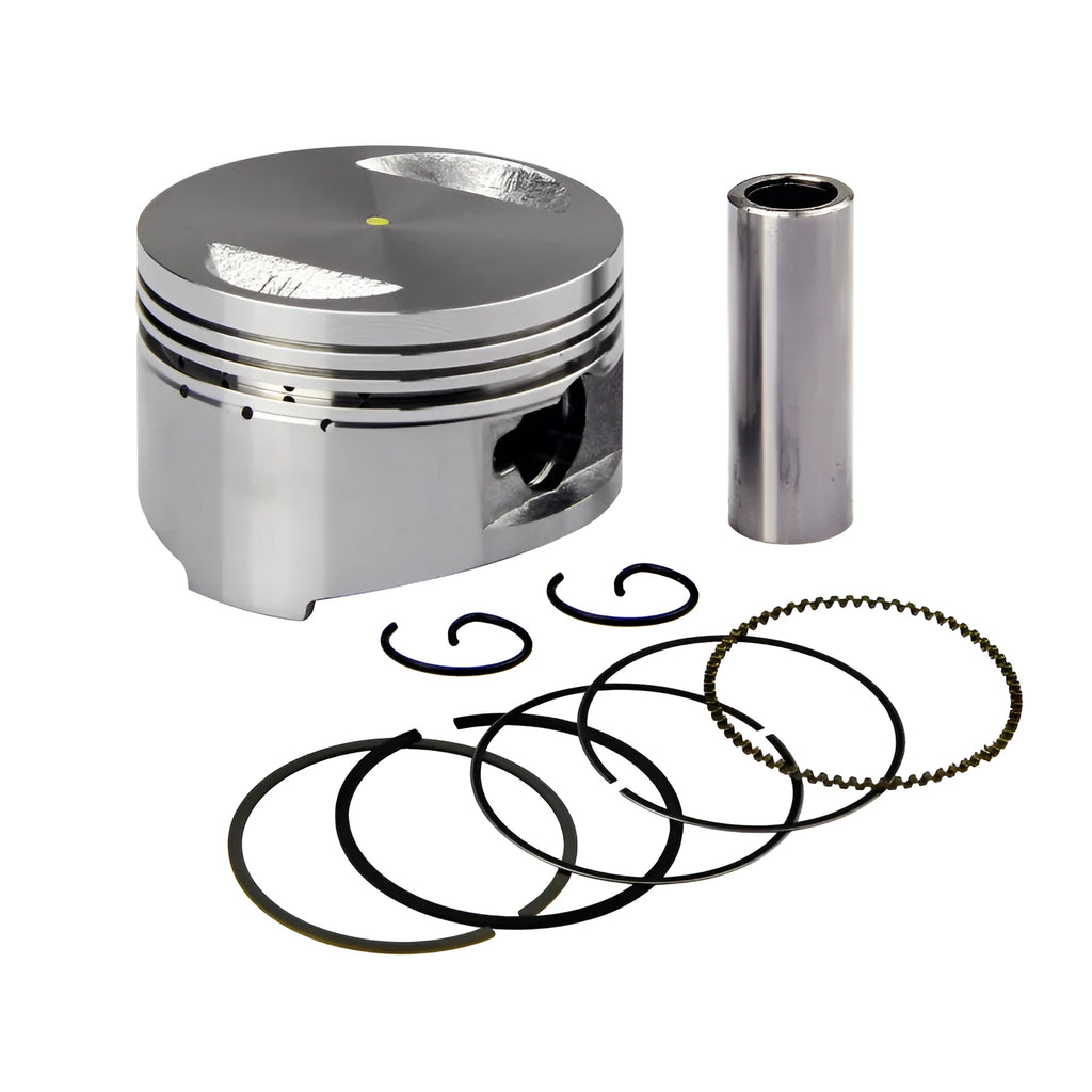 GY6 125cc scooter engine piston kit with piston, rings, pin, and clips on a white background