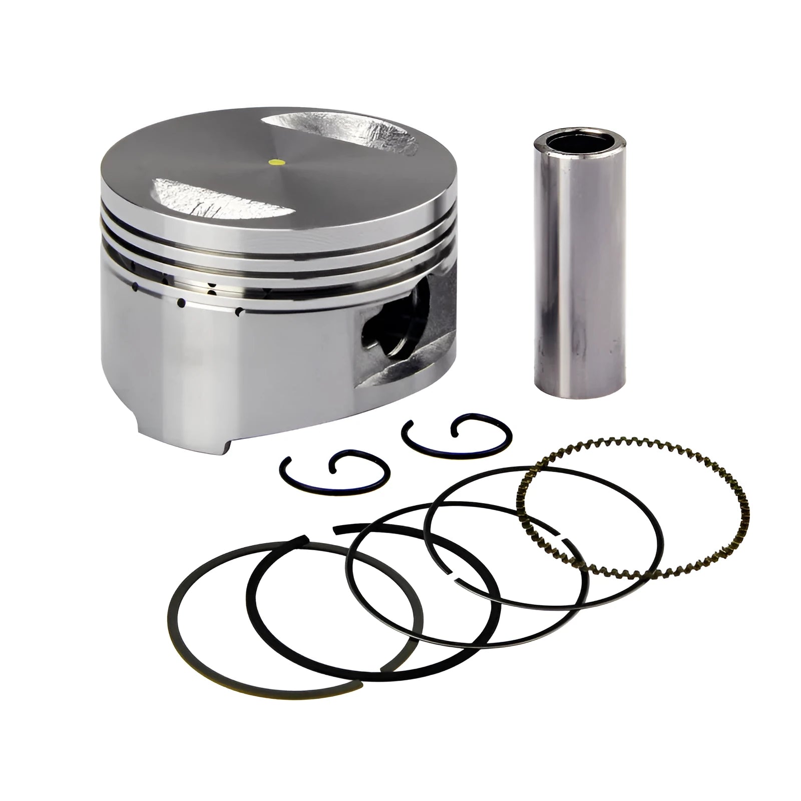 GY6 125cc scooter engine piston kit with piston, rings, pin, and clips on a white background