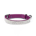 Velvet cat collar with rhinestones in red, blue, purple, black, or pink, showing adjustable buckle.