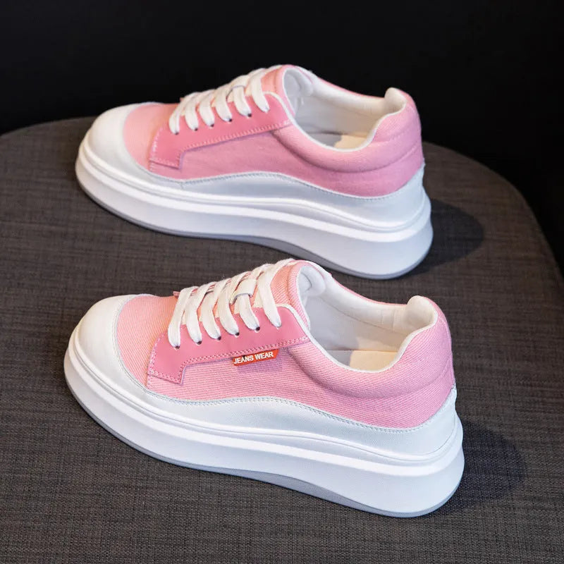 Women's pink and beige leather board shoes with thick soles for height increase