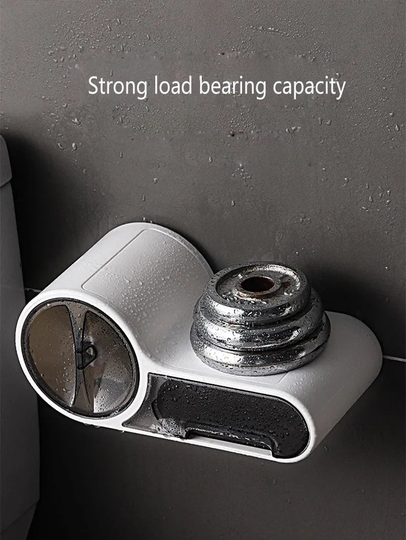 White plastic toilet roll holder with curved design on bathroom surface