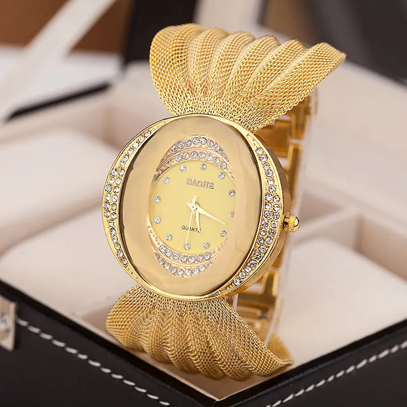 Ladies fashion watch with gold or silver alloy mesh strap, 40mm oval dial, 7mm thickness, jewellery clasp