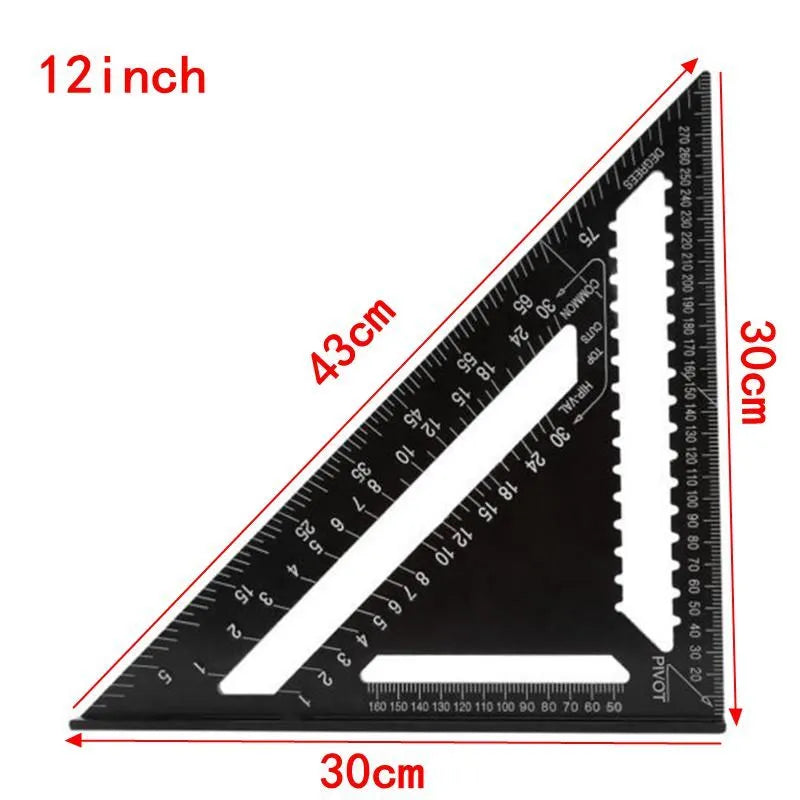 Black aluminium triangle ruler square showing 90-degree and 45-degree angles with measurement markings