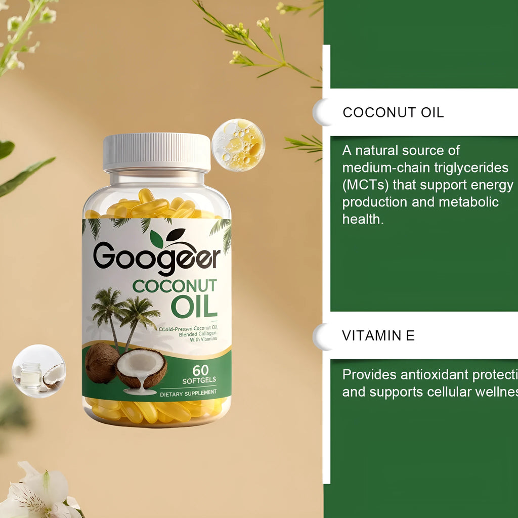 Coconut oil soft capsules with vitamin E, pack of 60 softgels for daily supplement use