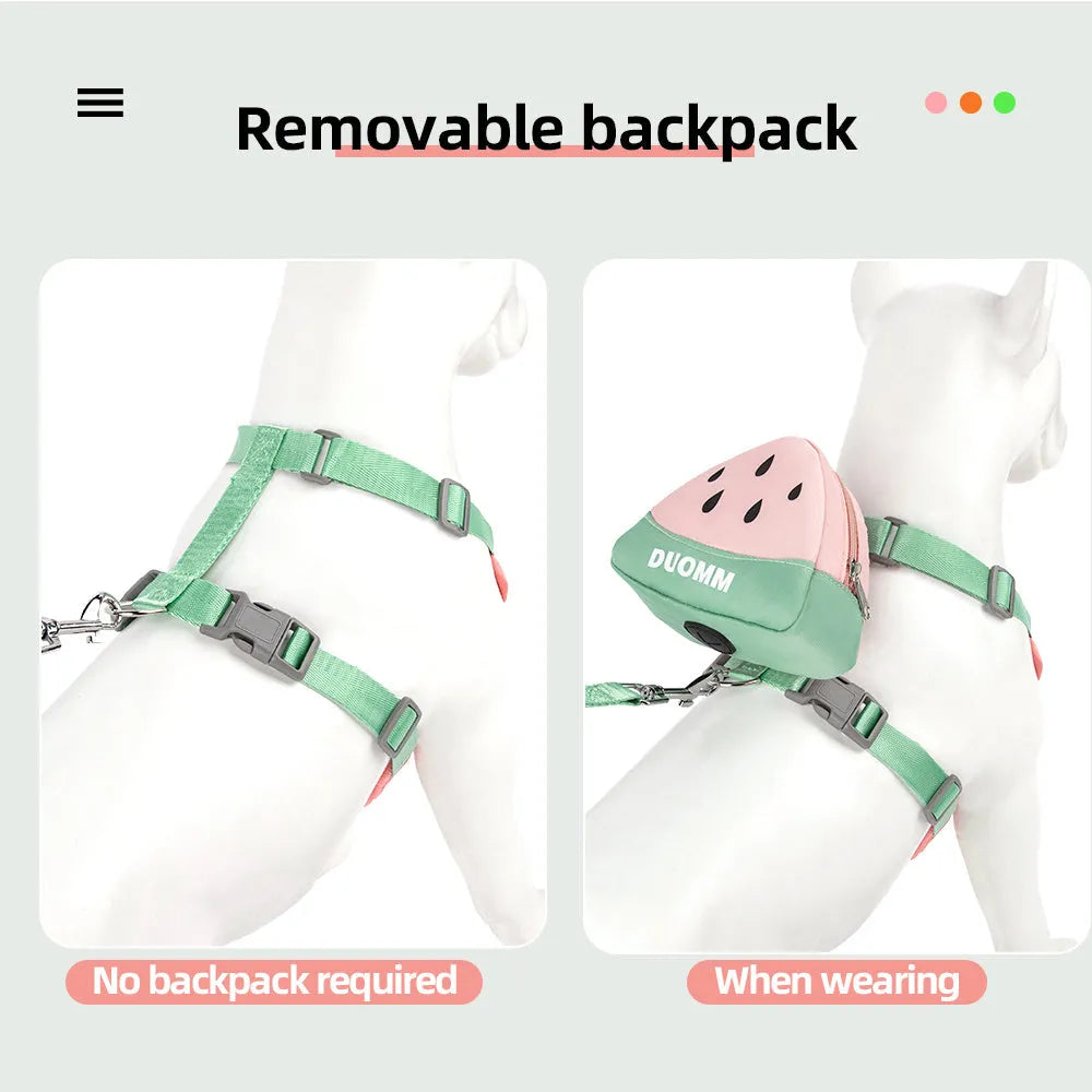 Green orange pink pet chest strap with anti-slip design and matching backpack for dogs cats