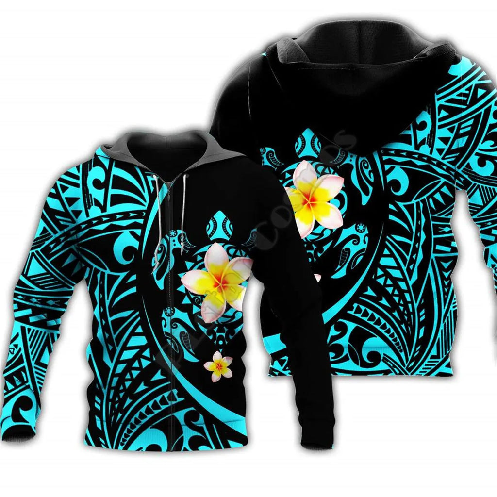 Turtle print 3D zipper hoodie in loose fit, long sleeves, hooded round neck, polyester, sizes XS-7XL