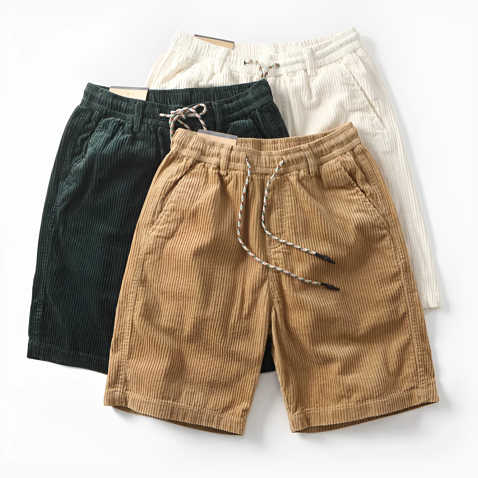 Men's retro American-style cargo shorts in straight-leg cut available in khaki, white, and green colours