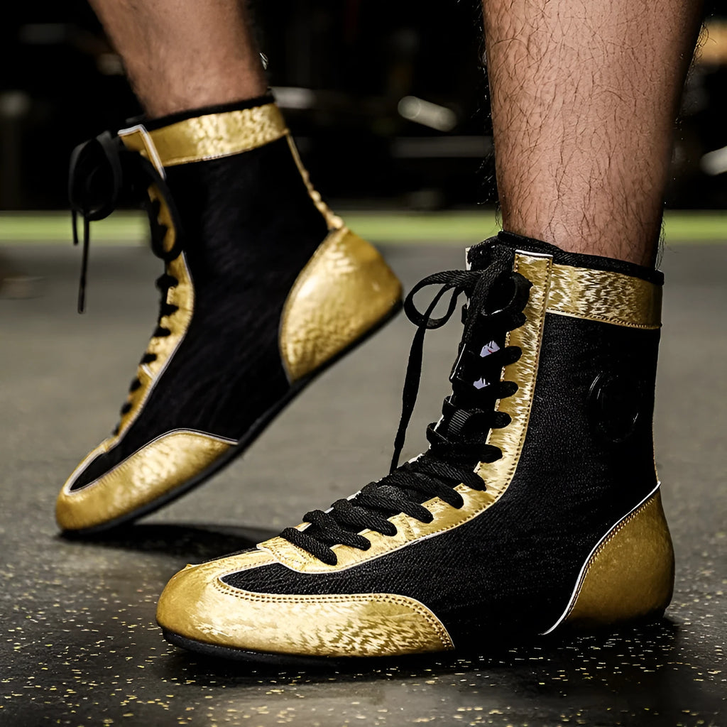 Professional black gold mesh boxing shoes with non-slip sole for indoor training