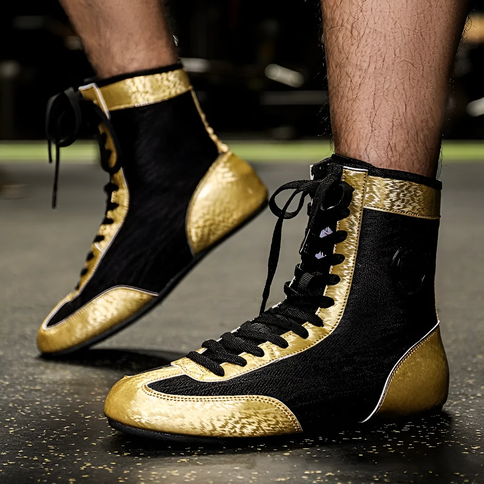 Professional black gold mesh boxing shoes with non-slip sole for indoor training