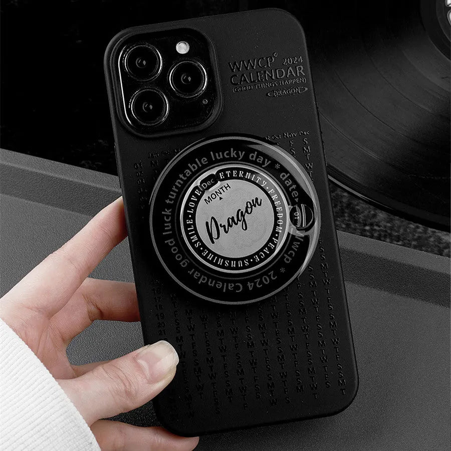 Black biodegradable silicone phone case with rotating bracket for iPhone, full edge wrapping