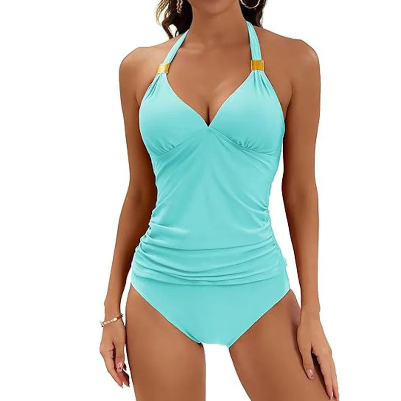 Women's halter neck two piece swimsuit in a solid colour with split tie sides