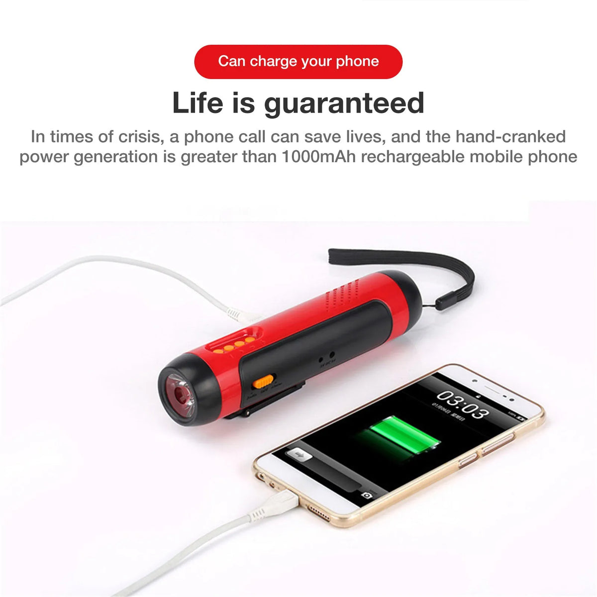 Orange emergency FM rechargeable alarm flashlight with hand crank on a dark outdoor background