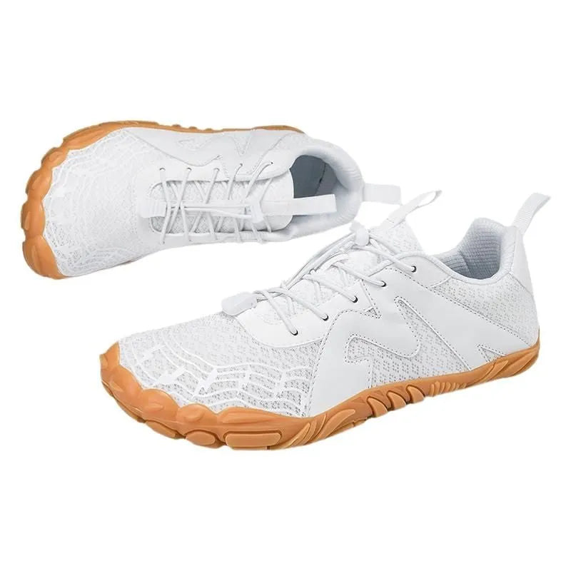 A pair of sports climbing shoes with a breathable Flyknit lining and rubber outsole.