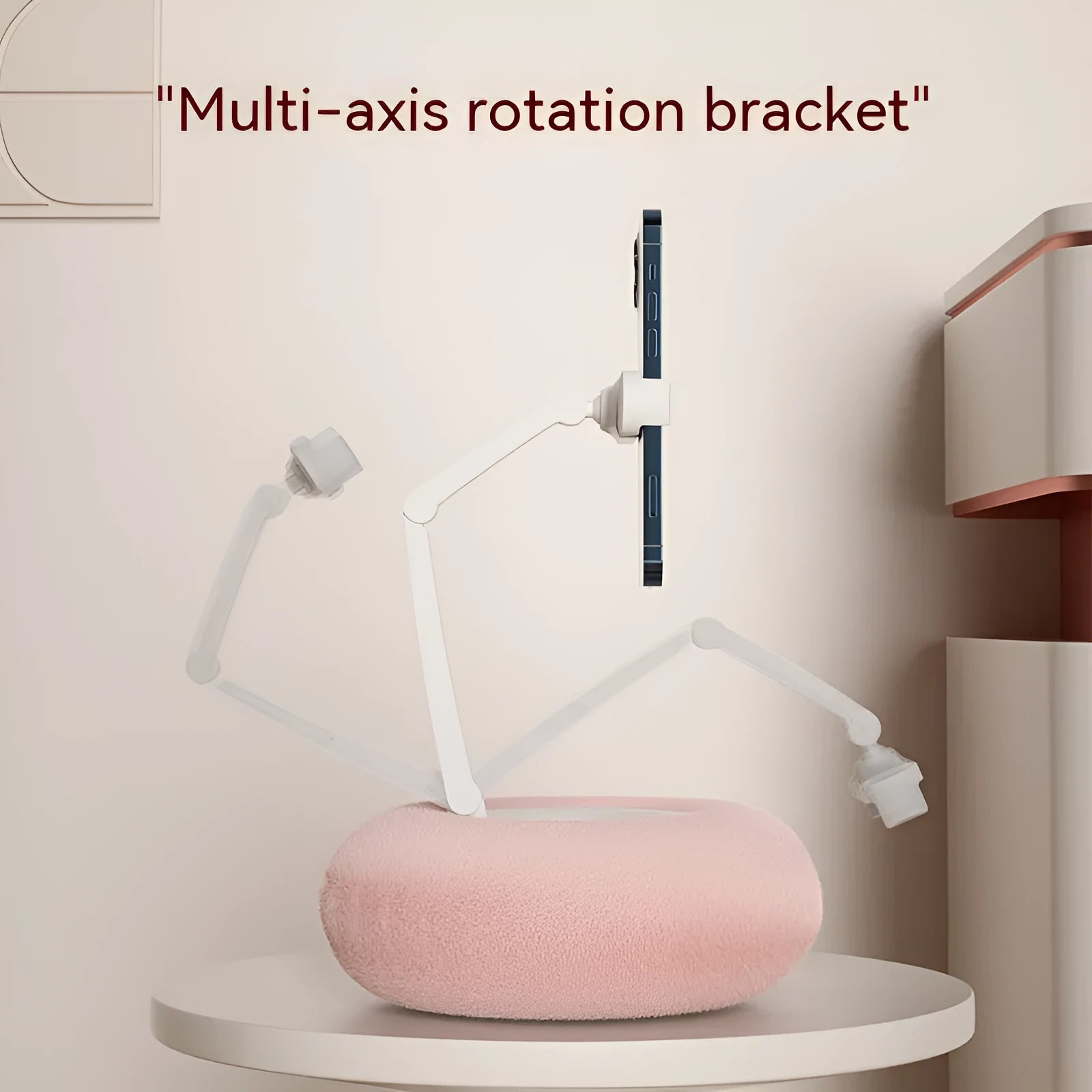 ABS plastic rotating phone and tablet bracket with adjustable clamp and 230mm vertical extension on fabric-covered foam base