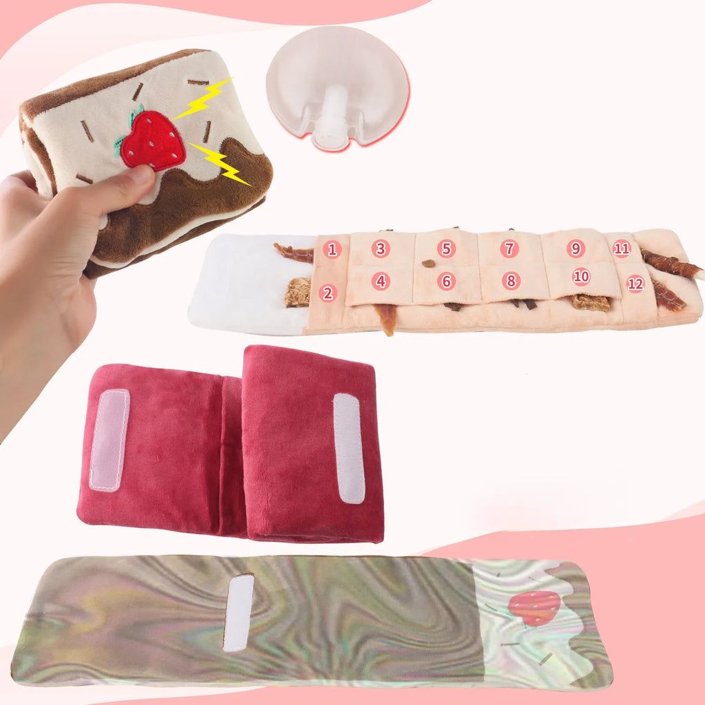 Plush dog snuffle mat with hide-food pockets, sound feature, and slow feeder design in brown, pink, or white.