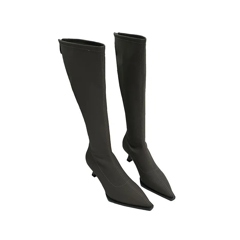 Women’s black pointed toe below the knee boots with 5cm heel and back zipper